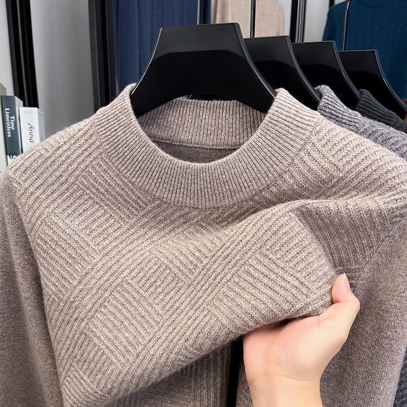 Men 100% Wool Mock Neck Jacquard Sweater
