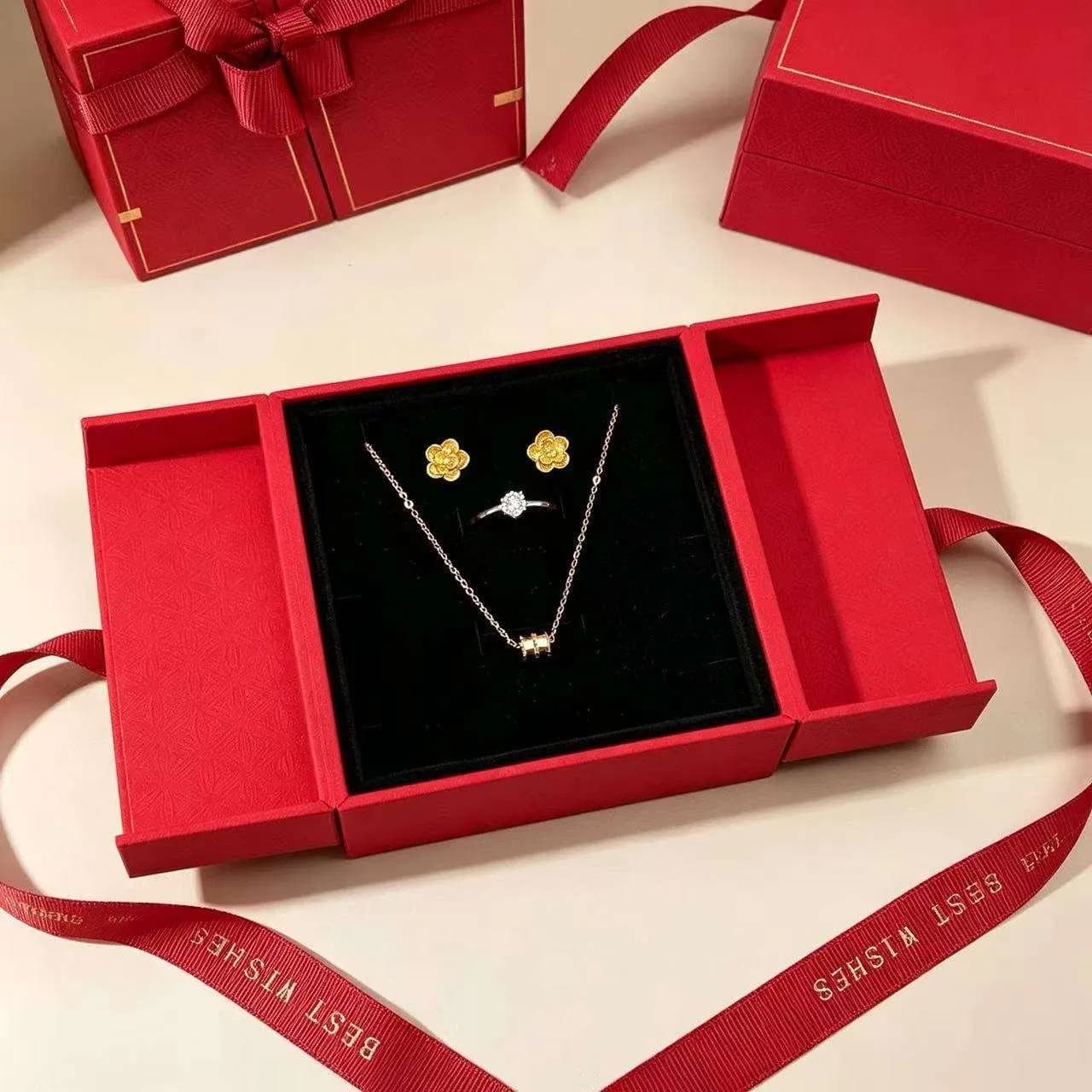 Double Door Textured Jewelry Gift Box with Satin Ribbon Bow