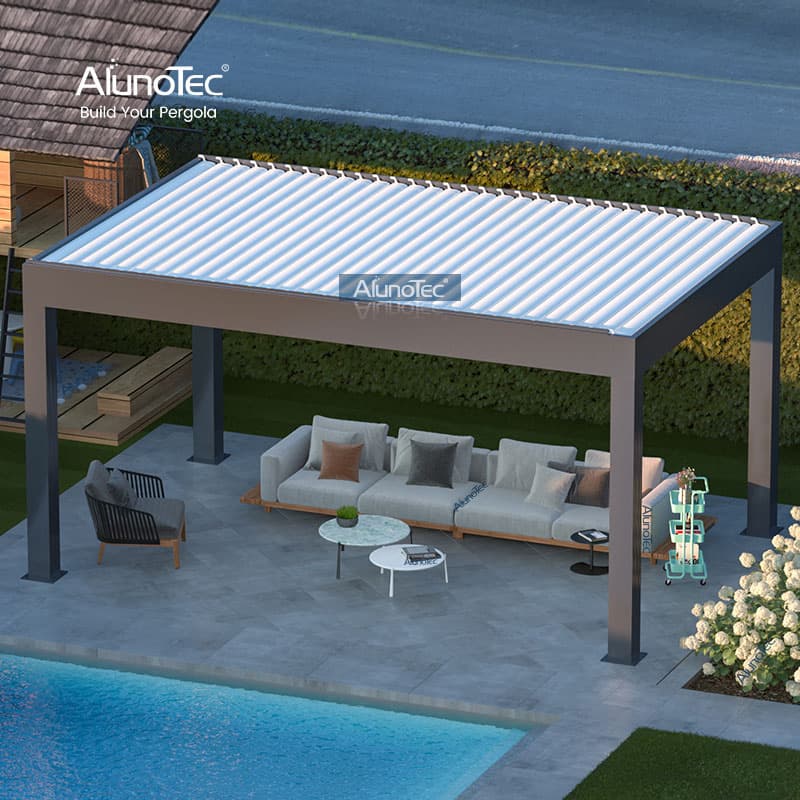 AlunoTec Motorized&Manual Adjustable Shade Tent Outdoor Bioclimatic Soundproof Gazebo Louvered Roof Pergola Aluminum