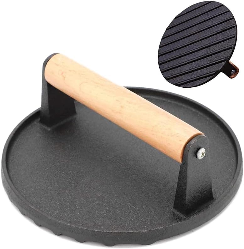 Custom Size OEM ODM Cast Iron Steak Weight & Bacon Meat Burger Grill Press with Wooden Handle