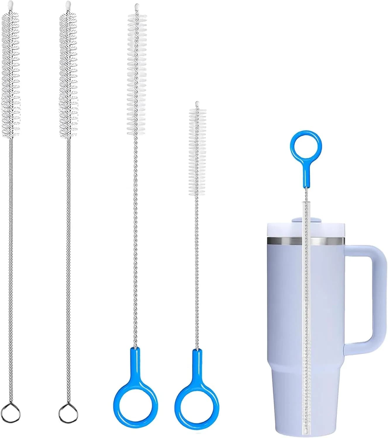 4-Pack Straw Cleaner Brush Set, Includes 10-Inch & 12-Inch Brushes with Blue Handle