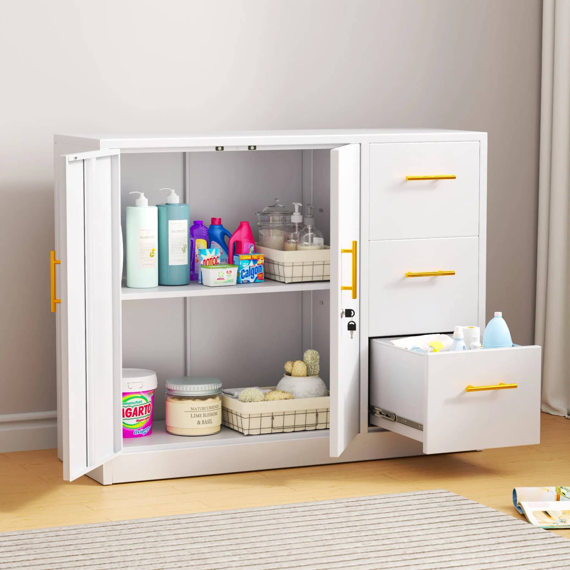 in Stock Metal Storage Cabinet Drawer Chest with Lock for Bedroom Hotel