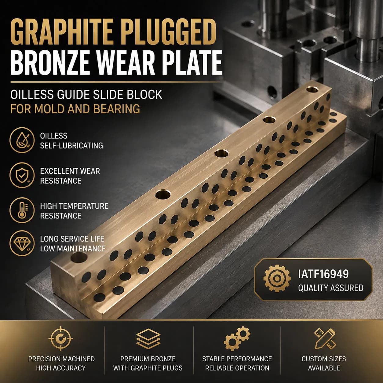Graphite Plugged Bronze Wear Plate Oilless Guide Slide Block Mold Bearing Bushing