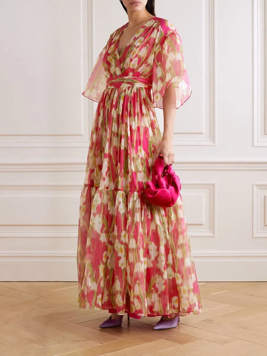 French Vintage Printed Luxury Gather Super Wide Bottom Courtly Party Maxi Dress