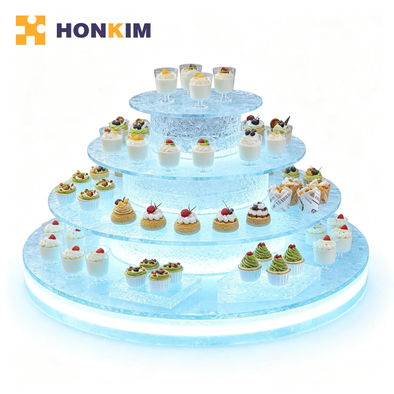 Light Base Blue Crinkled Acrylic Tier Stand Banquet Hotel Pastry Display Rack
