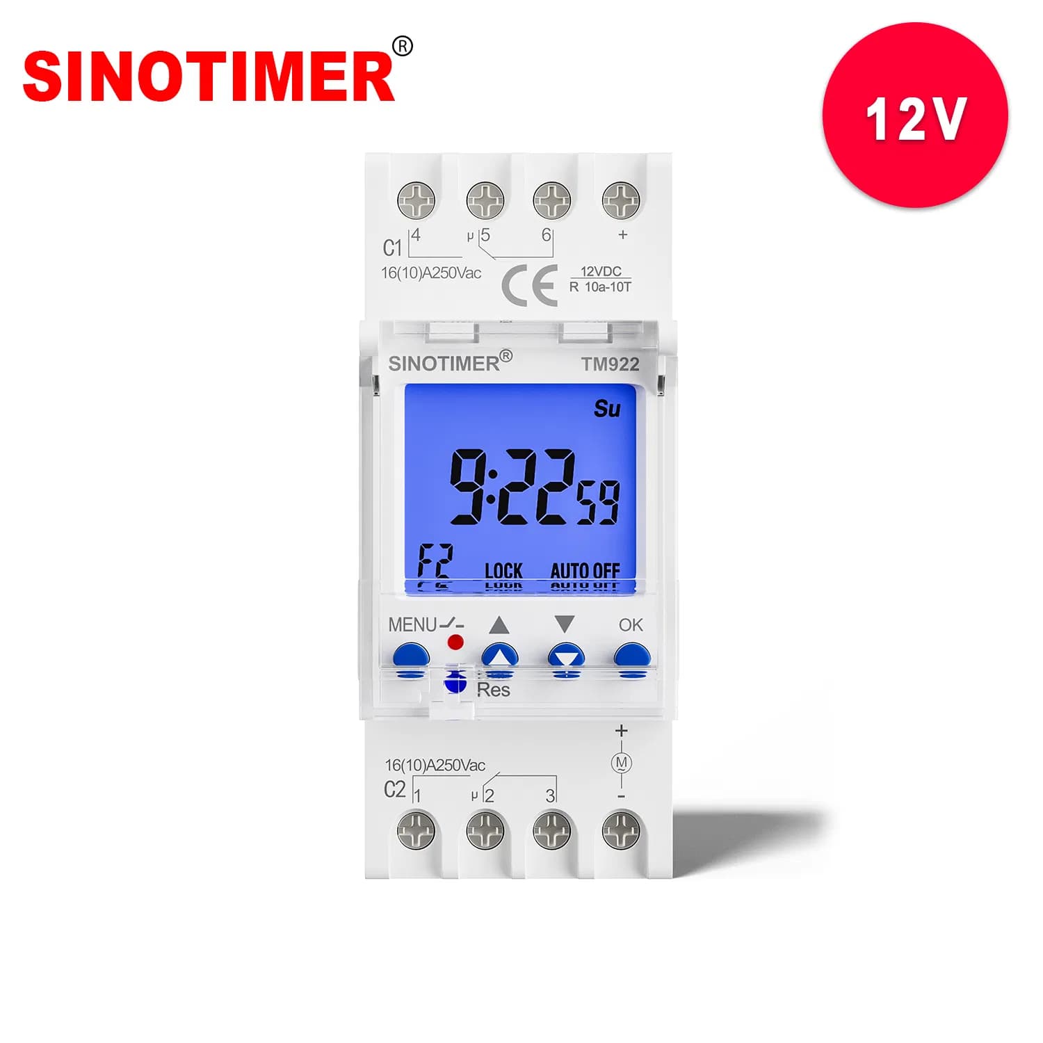 TM922 16A 2-Channel DIN Rail Programmable Timer, Free-Voltage 2no+2nc Output, 8 on/off 12VDC Timer Switch
