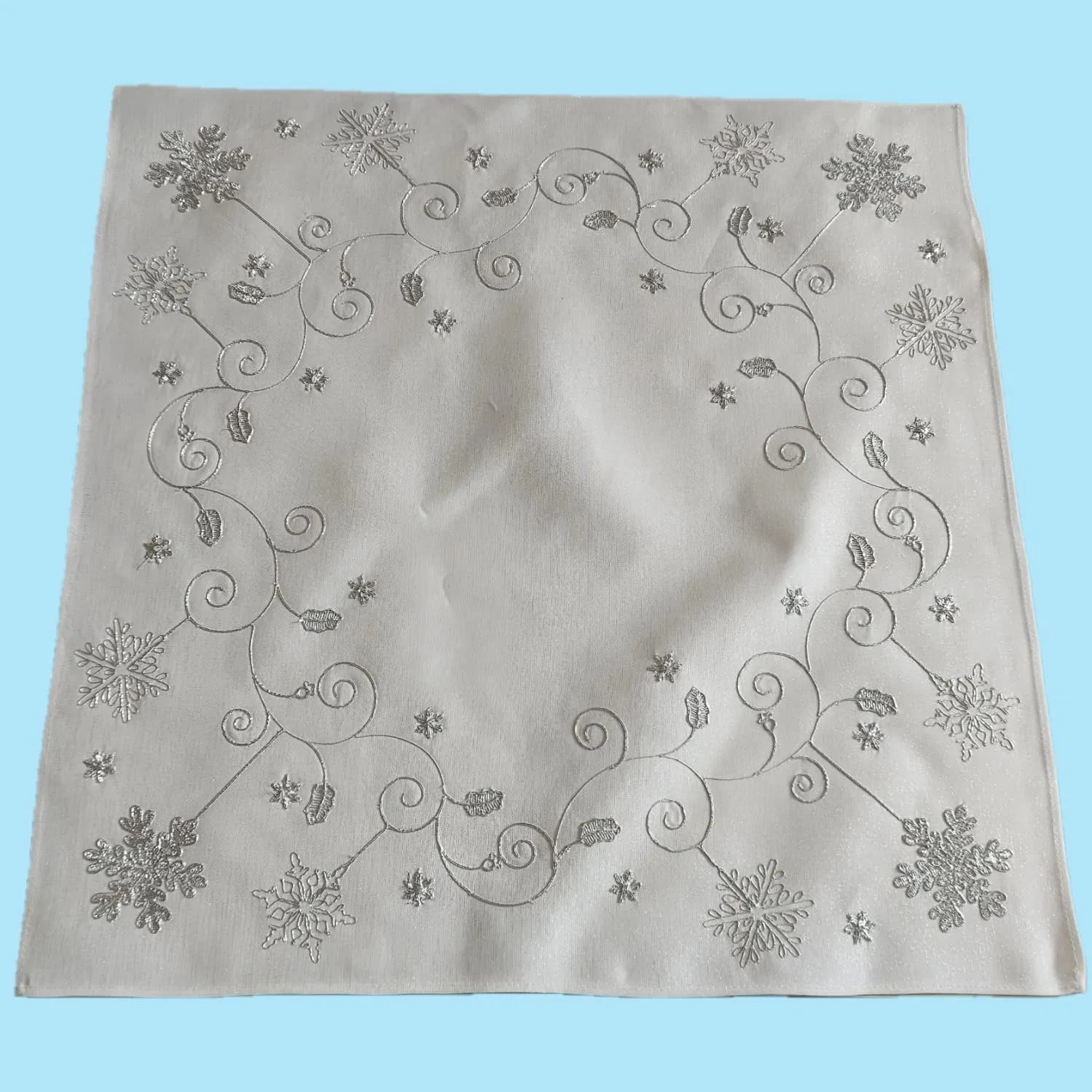 Silver Thread Embroidered with Snowflake and Holly Table Cloth