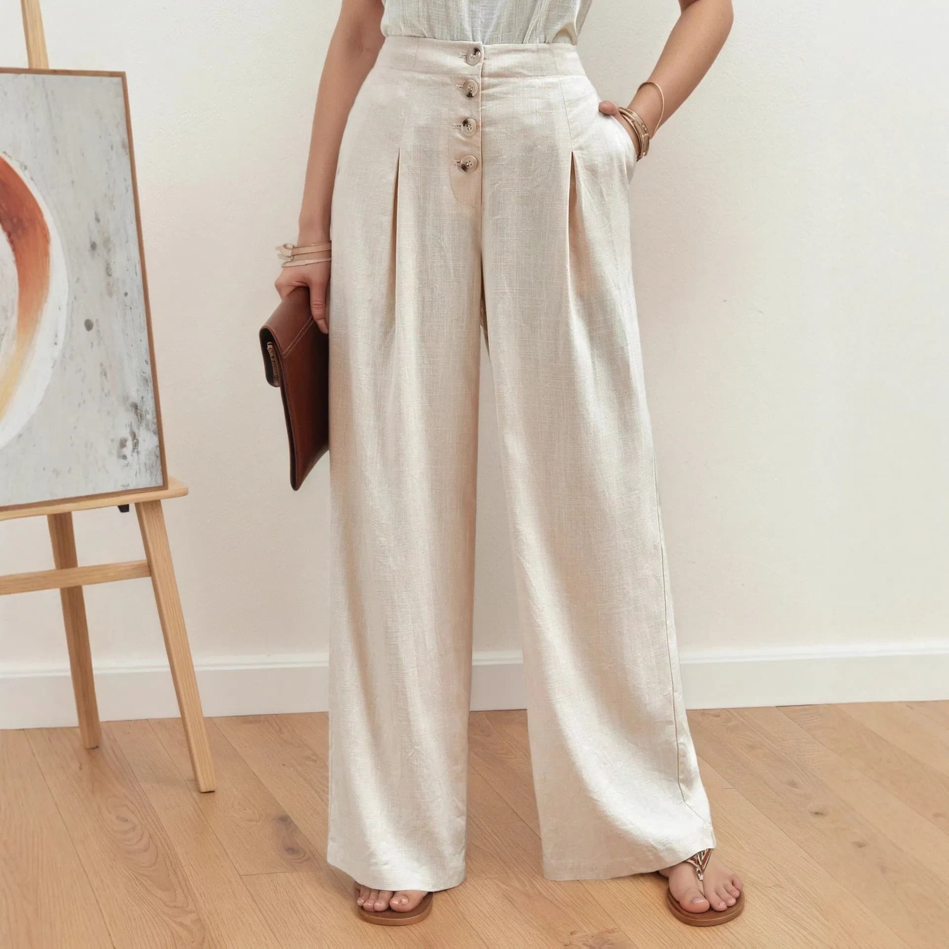 2025 Spring New Cotton and Linen Loose Slim Straight Pants Temperament Casual Button Design Drape Asexuality Thin Pants