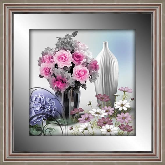 Top Quality 3D Flower Framed Painting with Mirror Border Silver Frame for Home Decoration