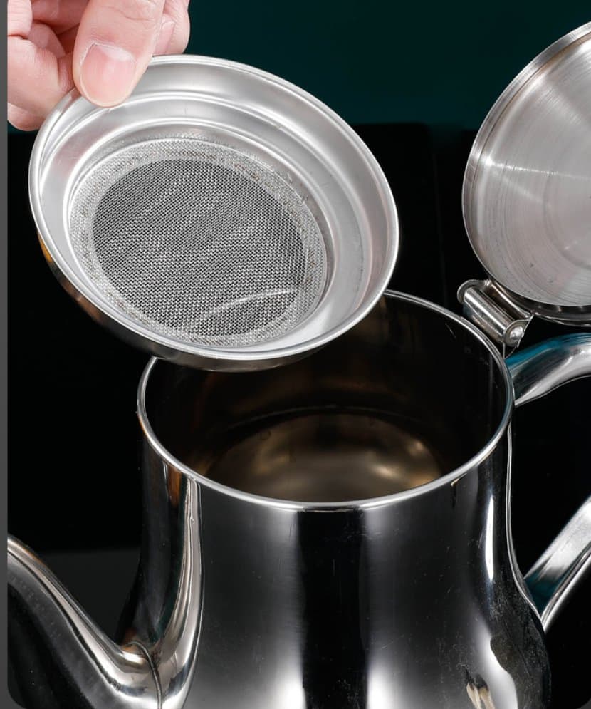48oz Stainless Steel Oil Pot with Strainer, Drip-Free Kitchen Oil Dispenser, Middle East Arabic Coffee Pot