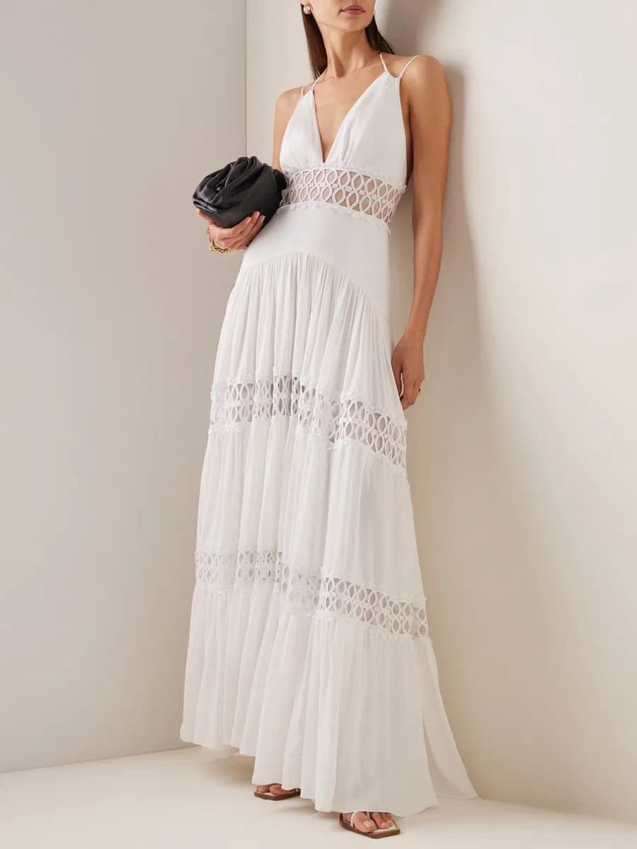 New Arrival Fashion Elegant Sexy Halter Combo Lace Backess High Waisted Maxi Party Dress