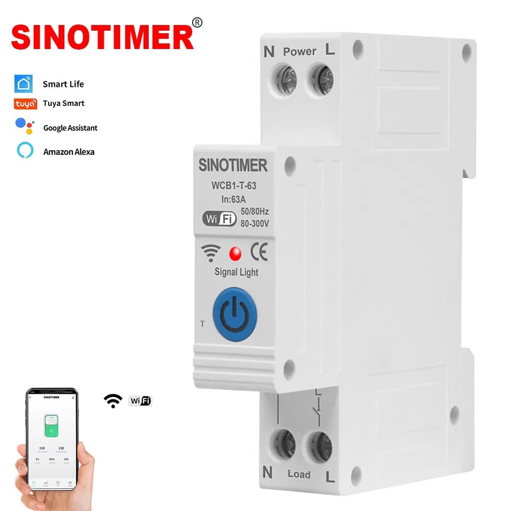 Wcb1-T-63 1p WiFi Timer Switch White T-Type 18mm Ultra-Thin 25-63A 90-300V Smart Life Tuya APP Control Basic Timing Control