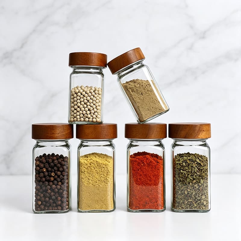 High Quality Transparent 4oz Square Round Glass Spice Jar with Lid