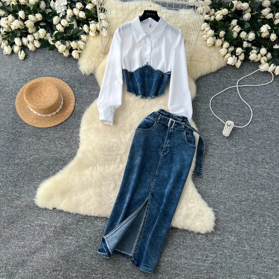 Stylish Two-Piece Denim Dress Set with Chic Waist Belt