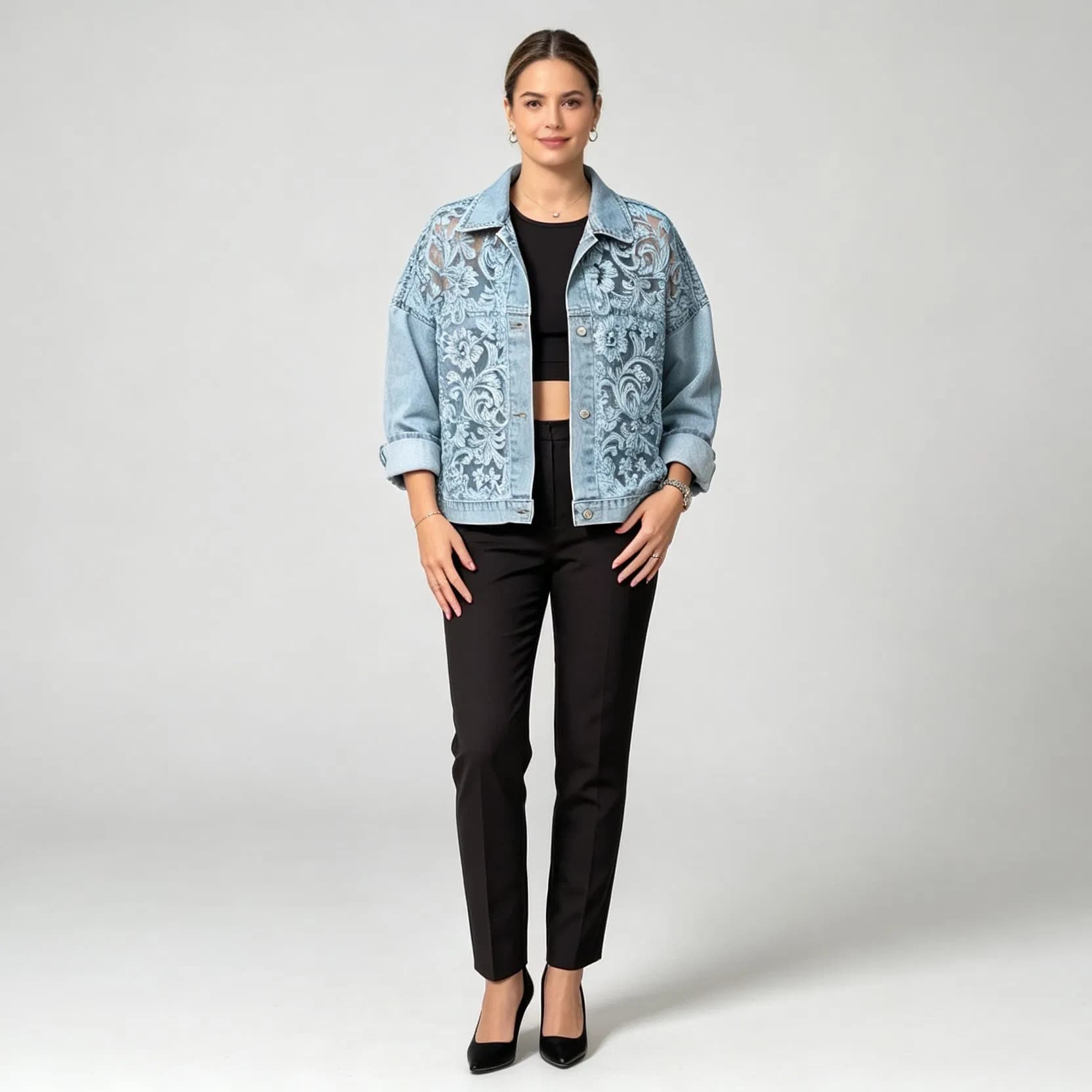 Hollow Floral Embroidery Lapel Collar Cropped Patchwork Short Denim Jacket