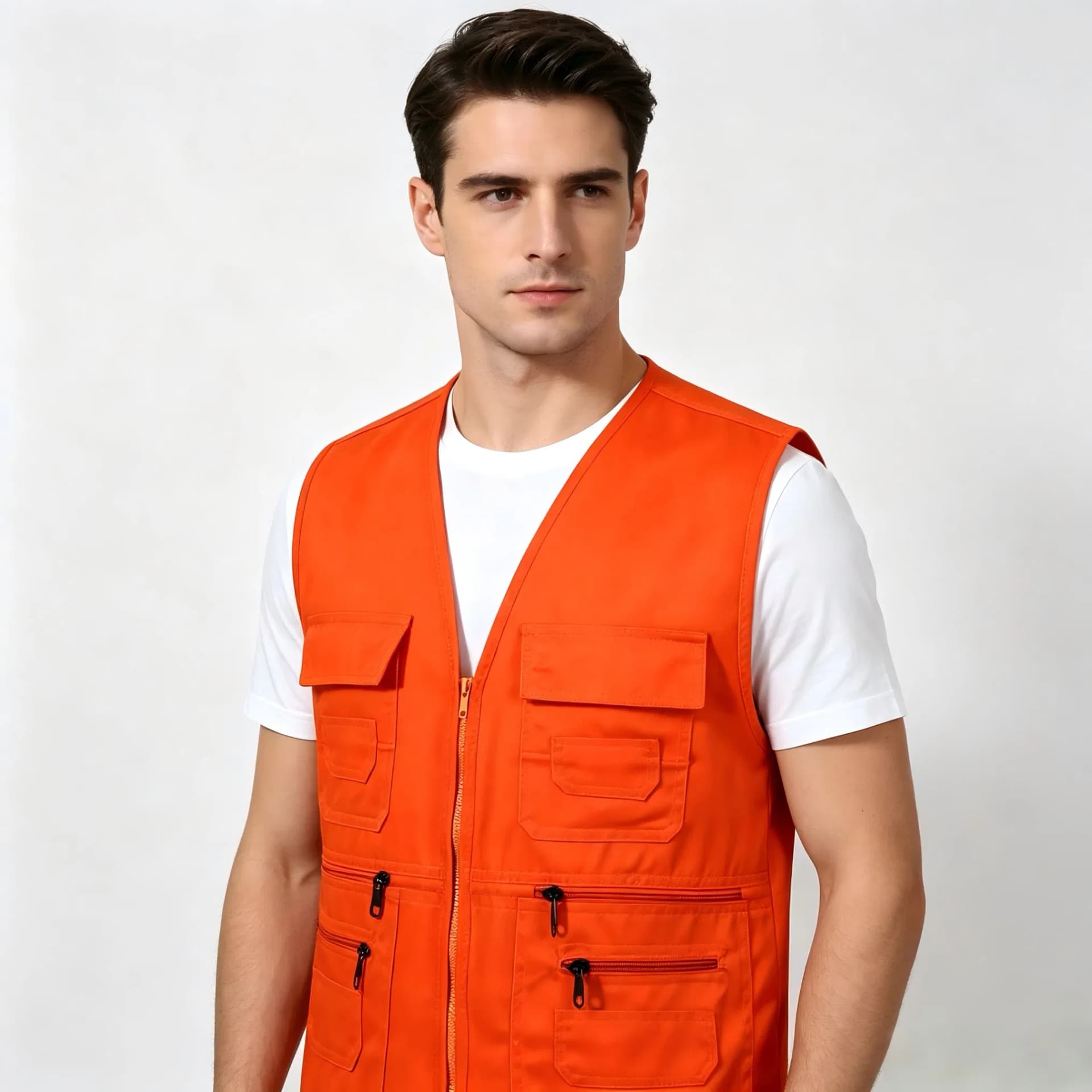 Bright Orange Multi Pocket Outdoor Fishing Photo Tactical Zipper Sleeveless Work Vest
