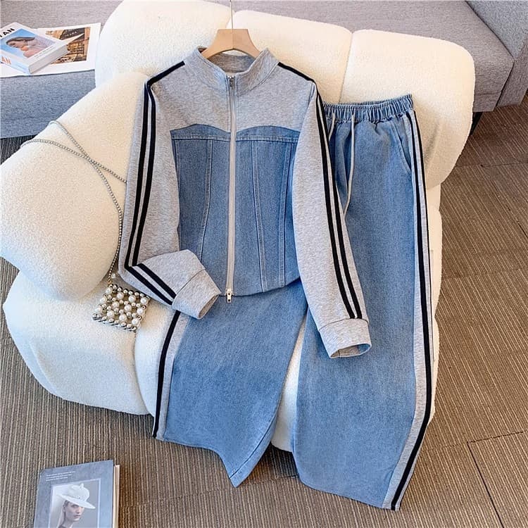 Stylish Two-Piece Women's Denim Patchwork Suit with Wide-Leg Trousers