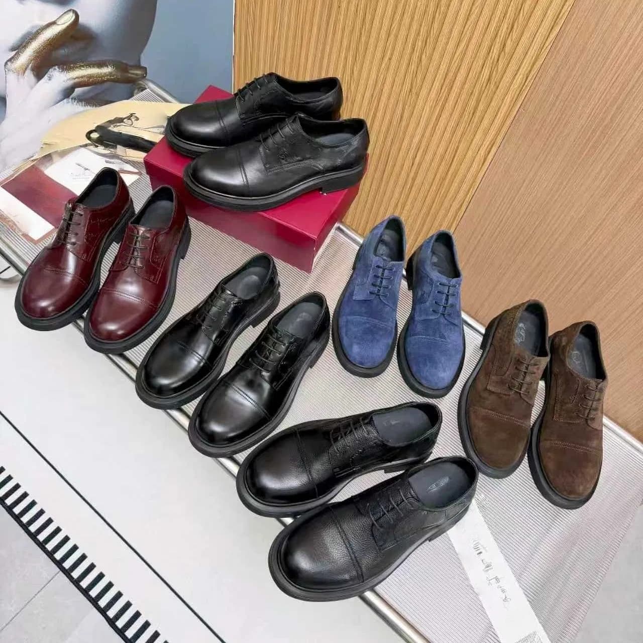 Vintage Embossed Logo Cap-Toe Derby Shoes, Mens Black Leather Thick-Sole Business Formal Dress Shoes Sports Shoe