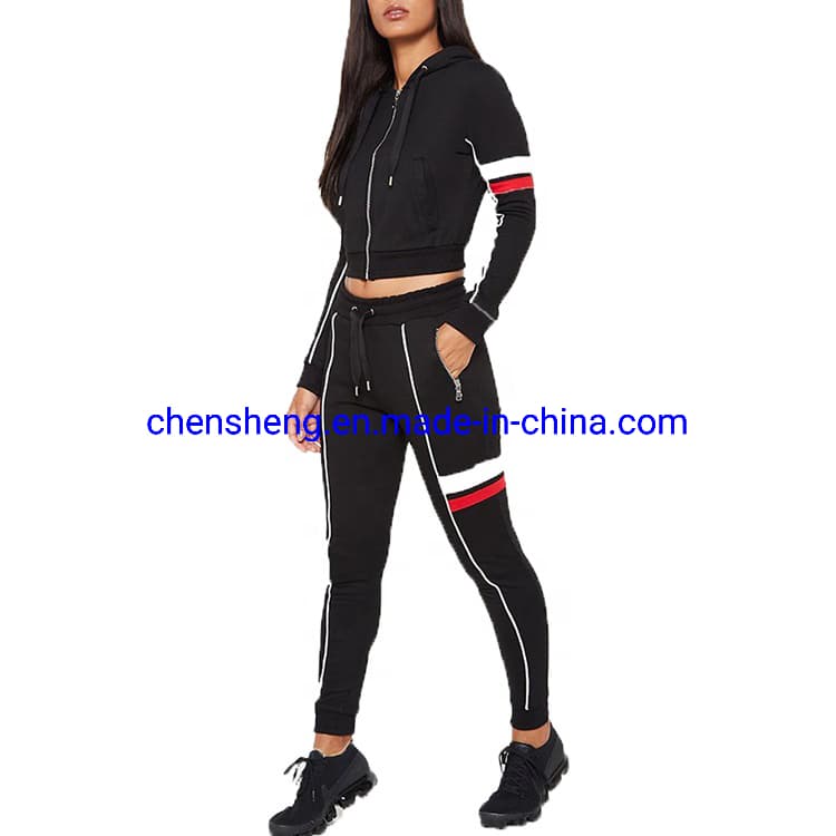 Wholesale Women Hooded Crop Top Tracksuit Striped Sport Jogging Training Suits for Street Casual