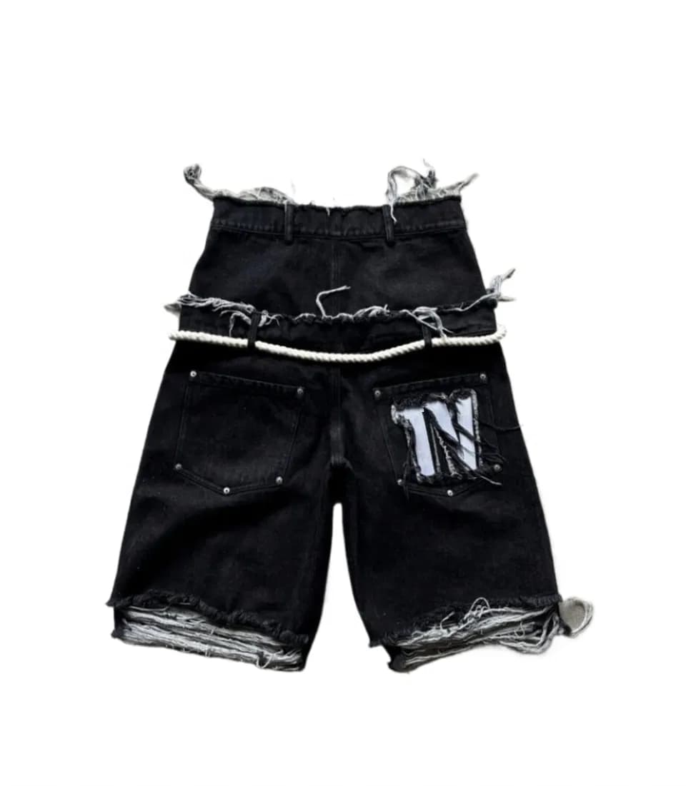 Ky Customize Men's Essential Shorts Rope Double MID Waist Shorts Colorful Crystal Jorts Baggy Distress Denim Shorts