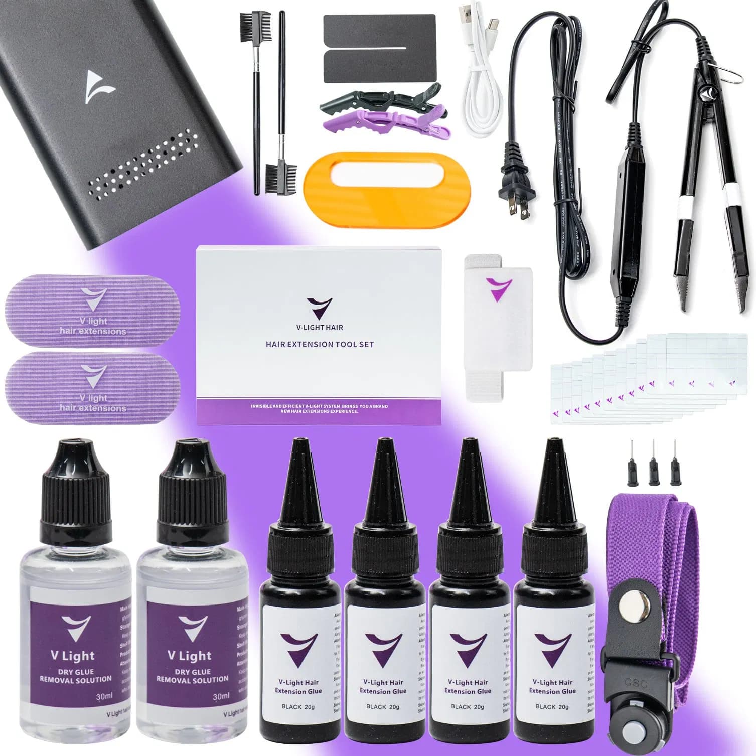 2025~2026 Wholesale Very Popular Hair Extension Tool V Light Glue and V Light Machine V Light Hair Extension Kit Hair Extension Tool Lanyard Bracelet Brush