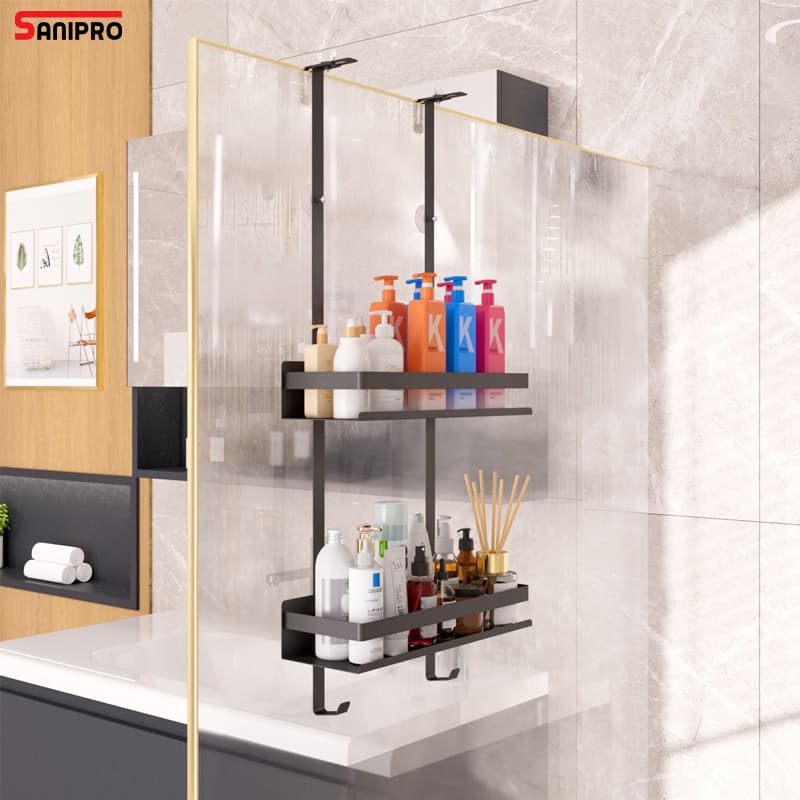 Sanipro Modern 2-Layer Carbon Steel Storage Rack No-Drilling Bathroom Corner Shower Caddy Hanging Over The Door Shelves
