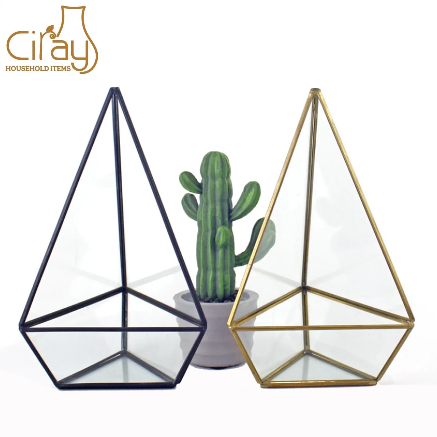 Pyramid Shape Brass Glass Terrarium for Plant