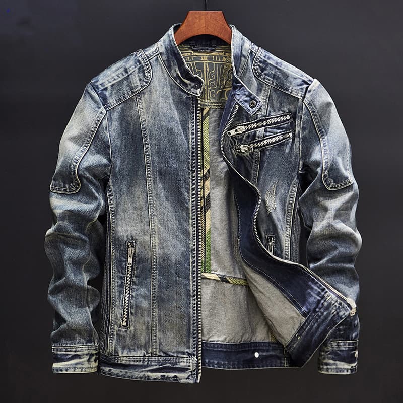 2023 High-End Retro Denim Men's Plus Size Slim-Fit Nostalgic Stand-Collar Jacket for Spring and Autumn