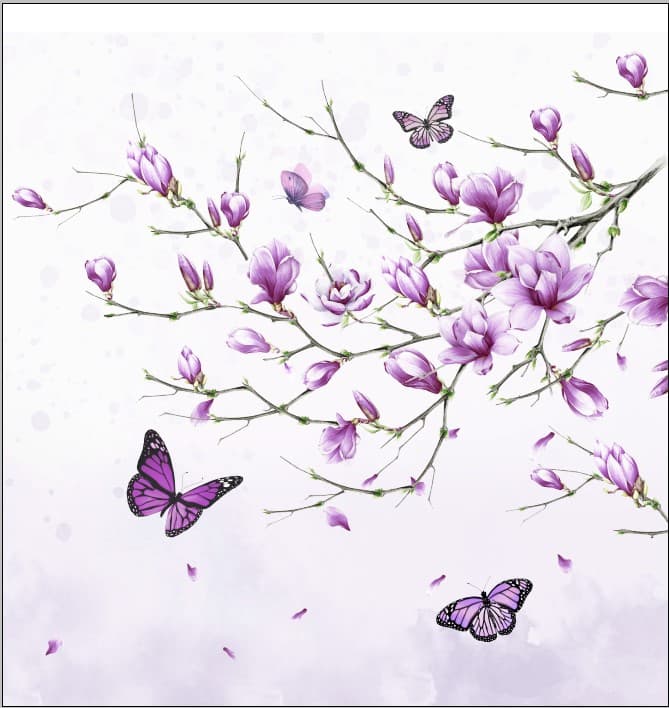 Magnolia and Two Purple Butterfly Digital Printing Shower Curtain