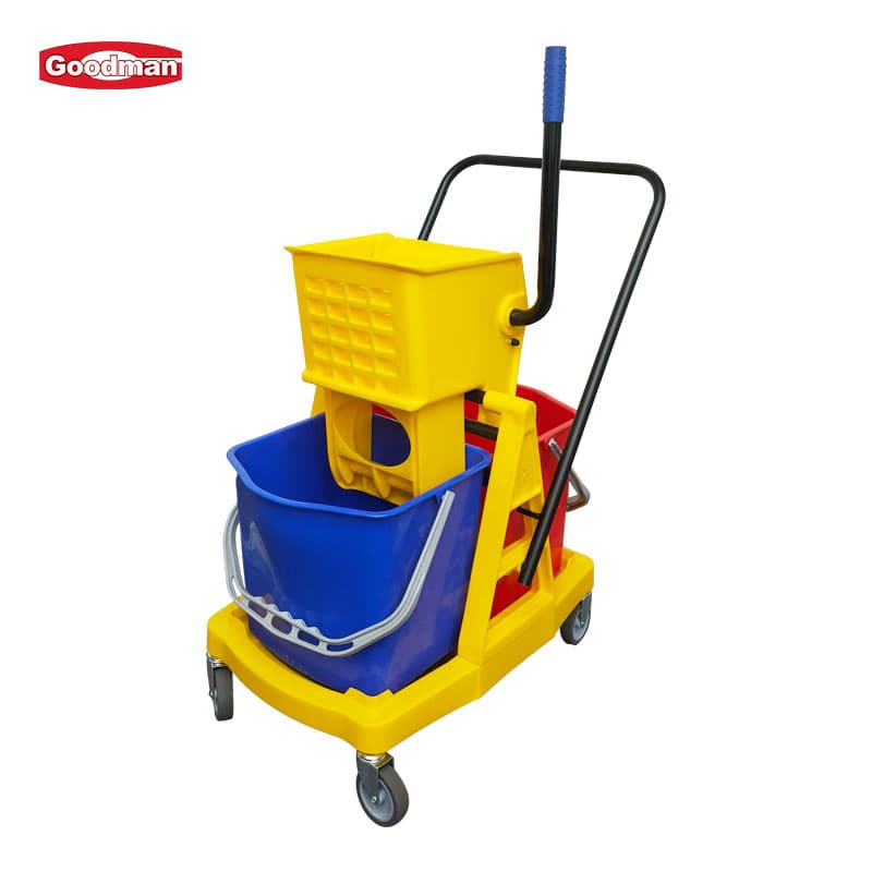 Commercial Hospital Hotel Cleaning 34 Yellow Plastic Side Press Squeeze Wringer Bucket Double Bucket Mop Wringer Trolley
