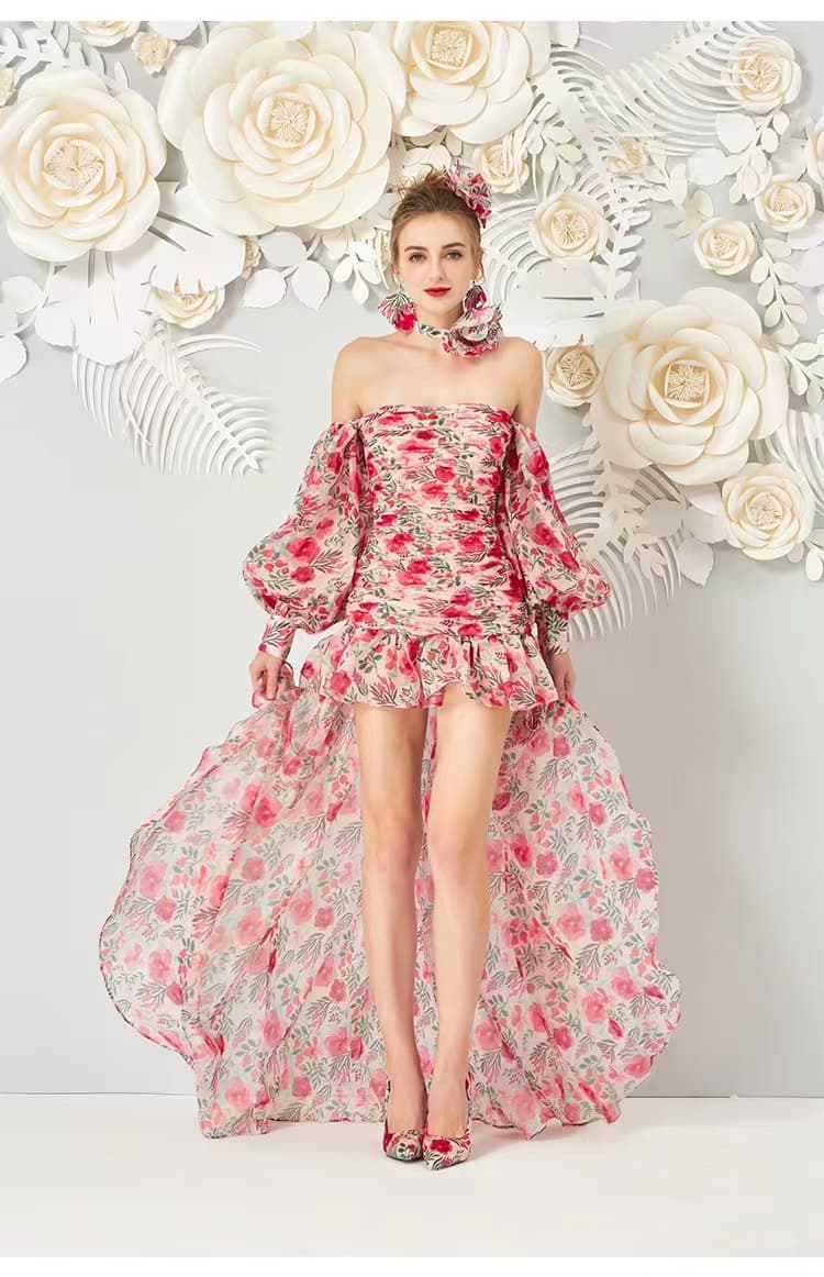 Elegant High Quality Sweet Princess Stylish off Shoulder Mini Fitted Printed Shirring Ladies Dress