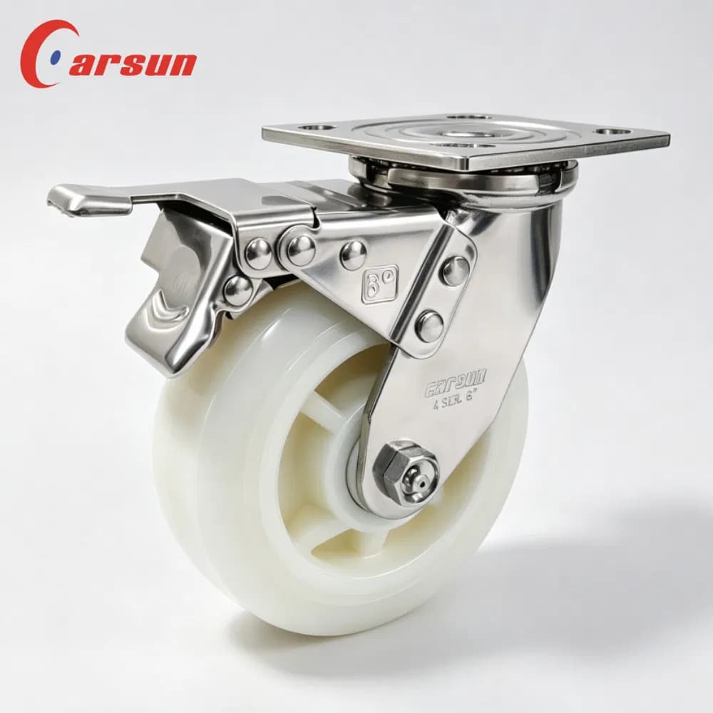 Stainless Steel Heavy Duty Caster Wheels 6 Inch White Nylon Swivel Total Lock Brake Ball Bearing Silent Operation Includes