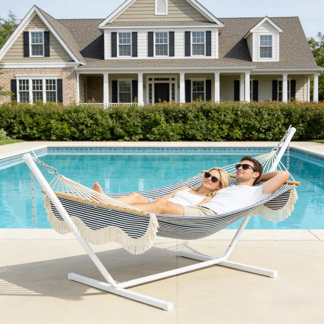 Outdoor Water-Resistant Striped Quilted Patio Hammock with Fringe Tassel
