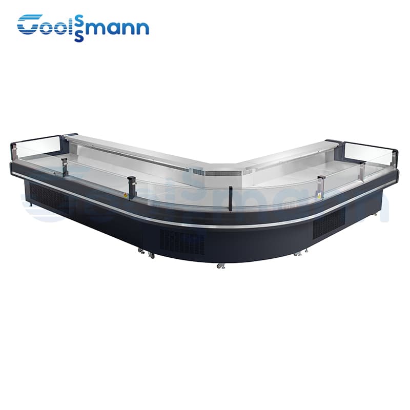 Coolssmann Commercial Refrigeration Equipment Fresh Meat Cooler All Sealed Stainless Steel Bottom Fish Fridge Right Side Panel Self Service Counter