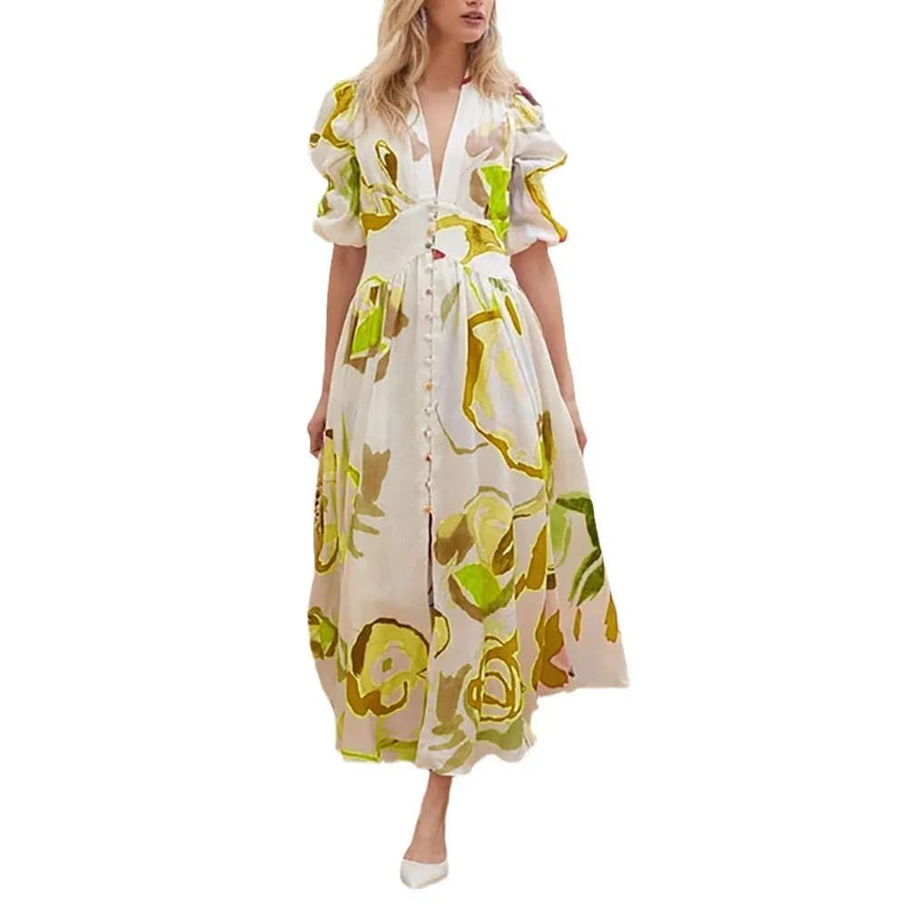 Wholesale Spring and Summer Fashion Beach Dress New Casual Loose Women Dress Chiffon Print Long Skirt Beach Dress