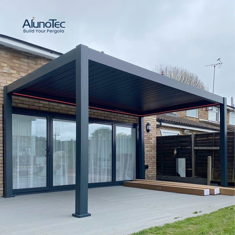 AlunoTec Motorized Pergolas Kits Manual Louver Swimming Pool Louvered Waterproof Patio Canopy Covers Kits Gazebo Garden Aluminum Pergola Roof