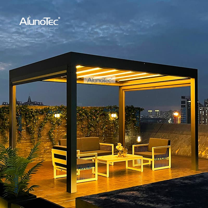 AlunoTec Customized Rainproof Garden Buildings Vented Louvered Gazebo Electric Operated Pergola for Sun Coverage