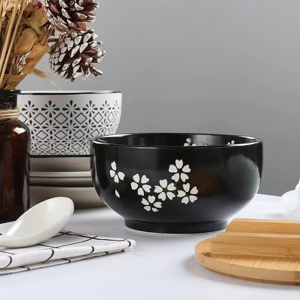Japanese Style Large Ceramic Ramen Noodle Bowls with Lid Spoon