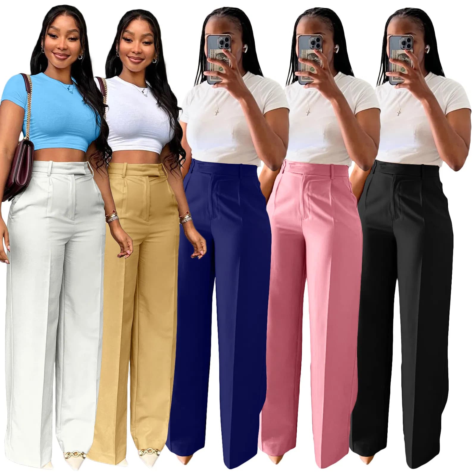 2025 Autumn Women's Lady High Waist Straight Wide Leg Casual Solid Color Trousers Female Office Pants