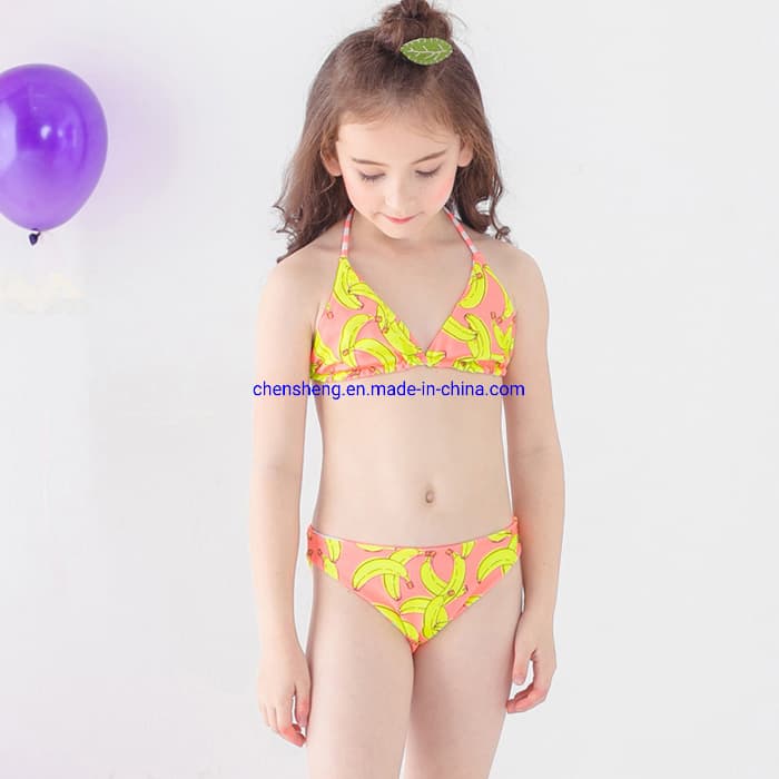 Triangle Halter Solid Cartoon Fruit Print Cute Kid Two Piece Swimsuit