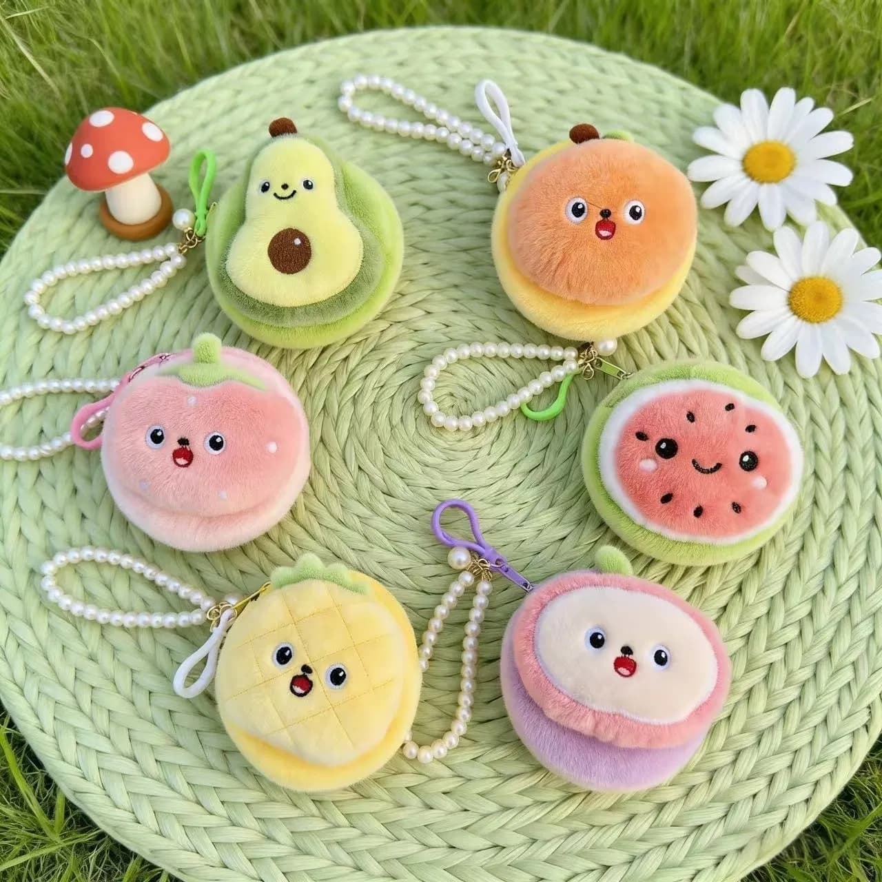 Cute Plush Fruit Coin Purse Keychain Kawaii Avocado Watermelon Mini Wallet Bag