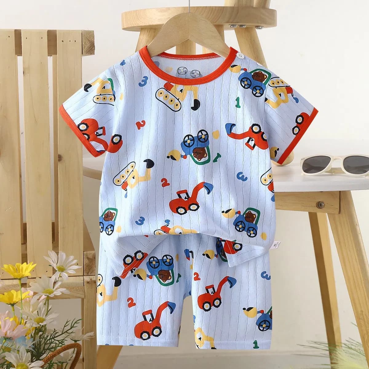 Construction Machine Onesie Set - Orange Trim Blue Stripe Baby Romper