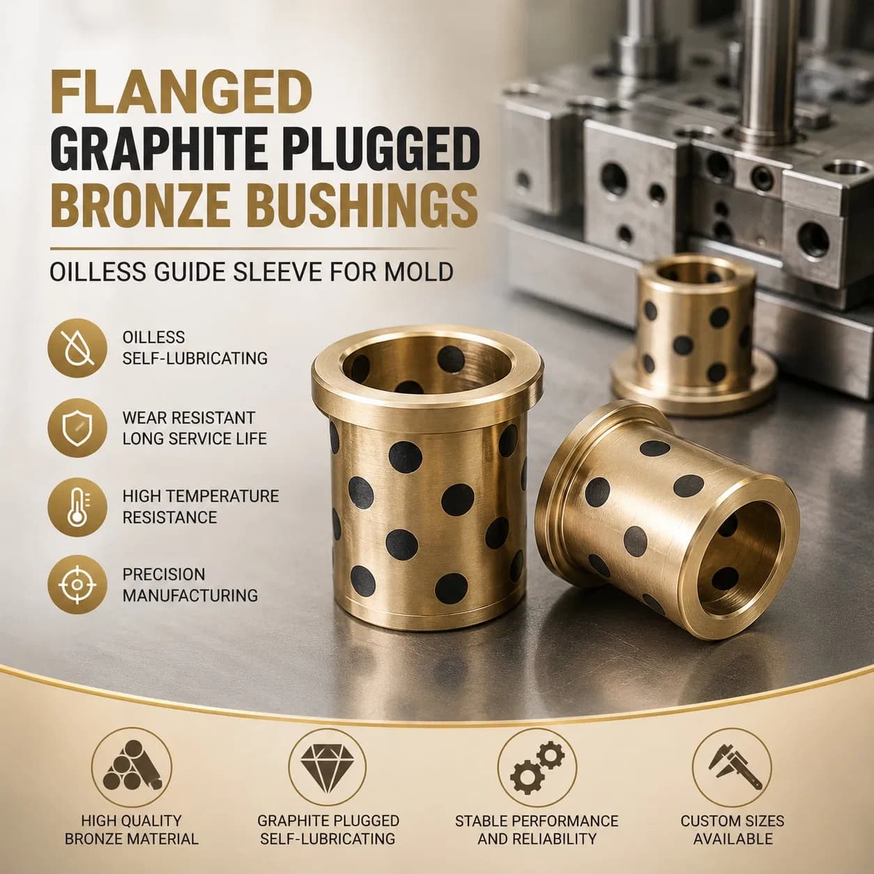 Flanged Graphite Plugged Bronze Bearing Bushings IATF16949 Oilless Guide Sleeve for Mold