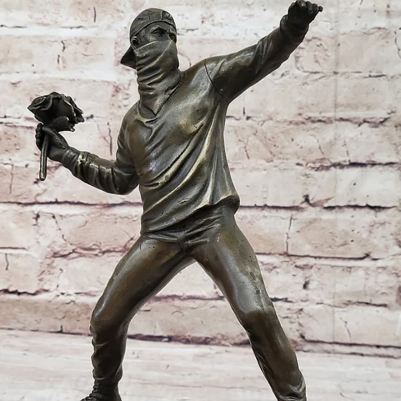 Contemporary Art Flower Thrower Bomber Metal Craft Life Size Bronze Banksy Sculpture