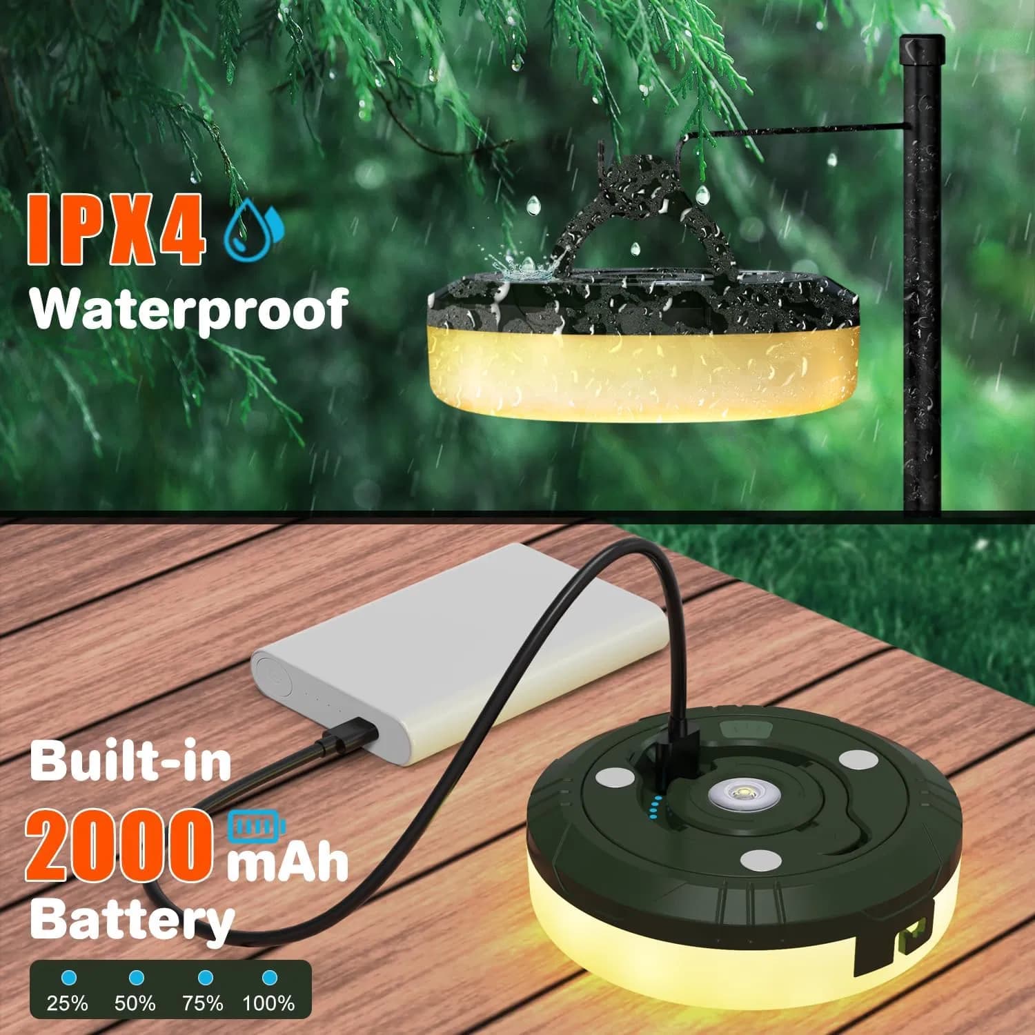 LED Camping String Lights, 2 in 1 String Lights with 8 Adjustable Modes, LED Camping Lantern Rechargeable Ipx4 Portable Hiking, Tent, Christmas Decor
