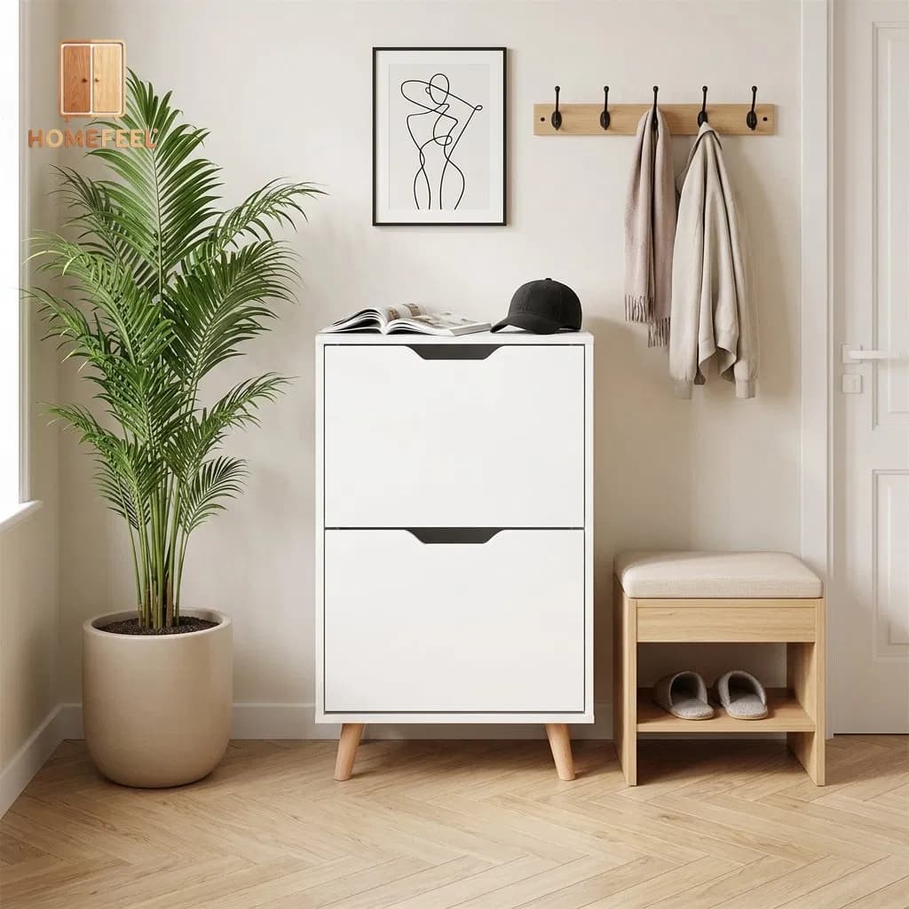 Nordic Style Wood White Shoe Cabinet for Minimalist Living Room Hallway