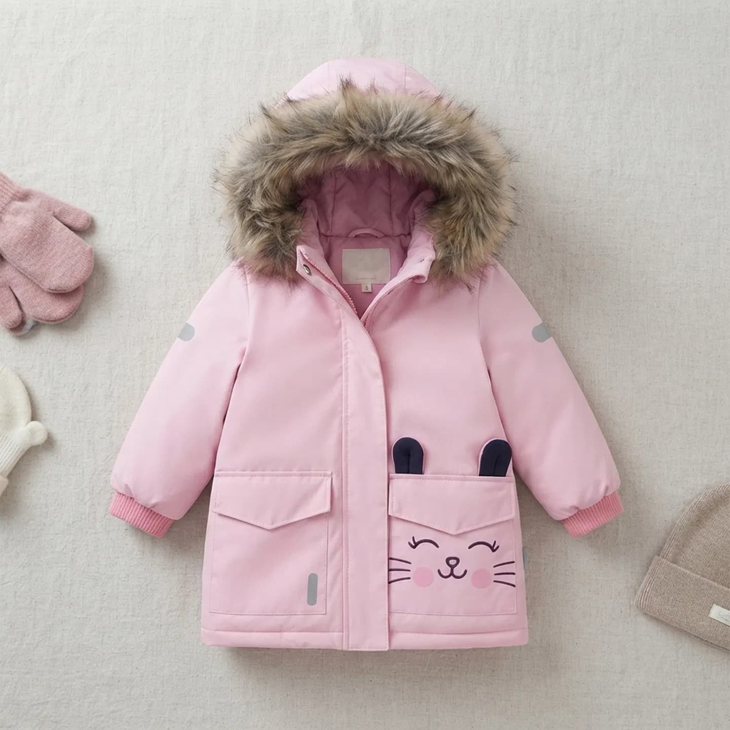 Toddler Girls Pink Cartoon Bunny Fur Hooded Winter Parka Coat