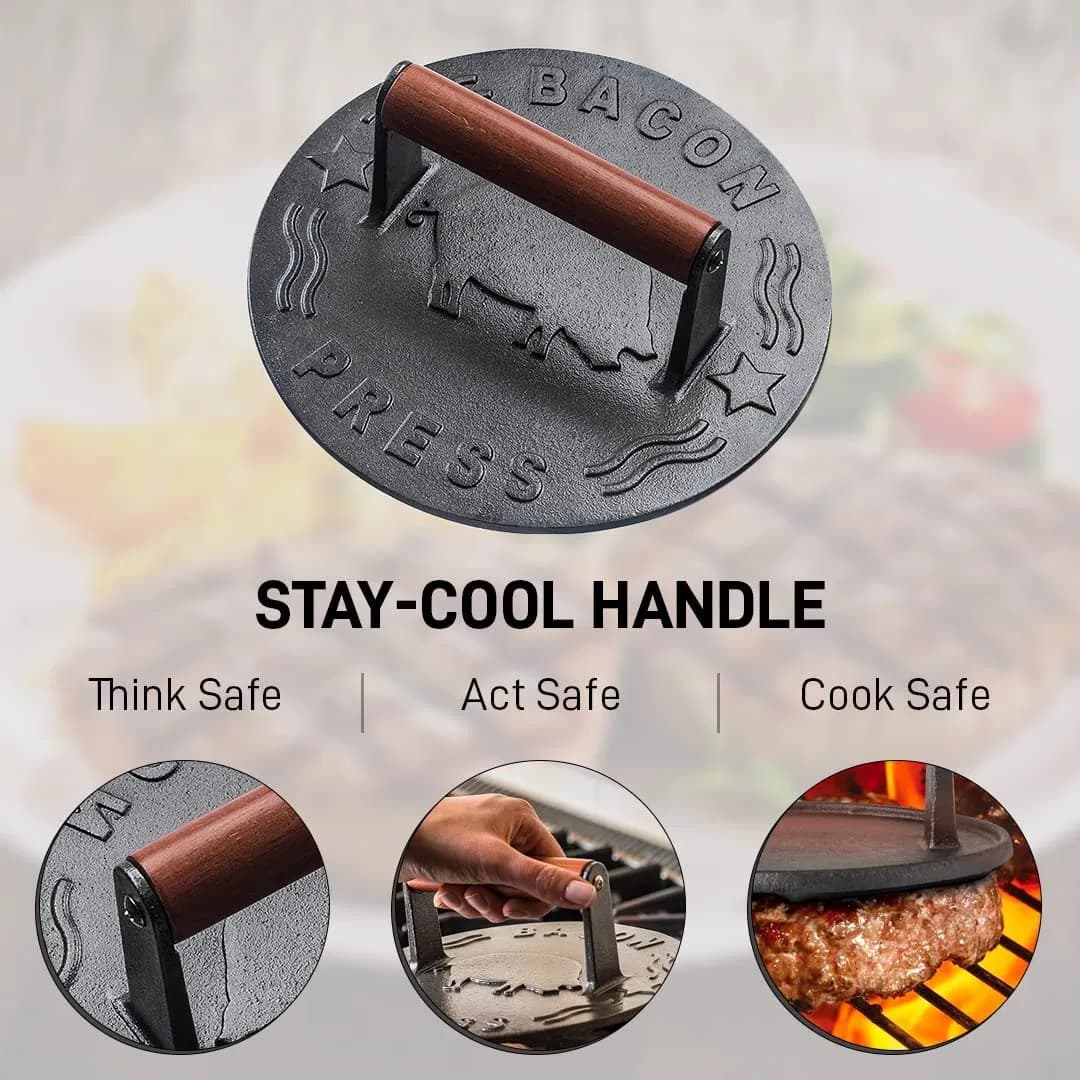 Meat Steak Burger Press Rectangle Heavy Duty Cast Iron Griddle Smash Bacon Press with Wood Handle