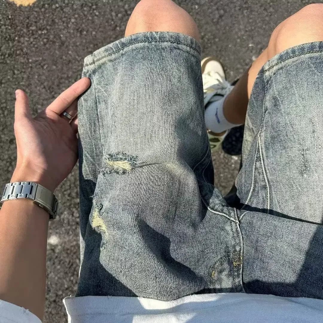 Ripped Denim Shorts Retro Loose Large Wide Shorts