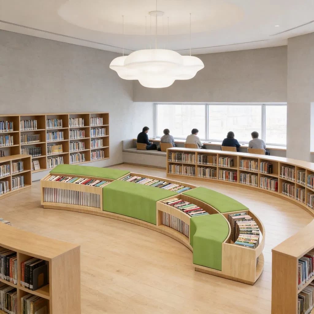 Custom Curved Modular Public Space Bookcase Sofa Fabric Office Waiting Reception Couch Modern Reading Area Lounge Sofa Commercial Library Storage Sofa